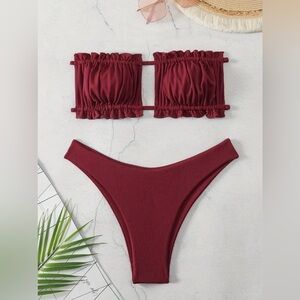 Ruched Bandeau Bikini Set in Deep Burgundy